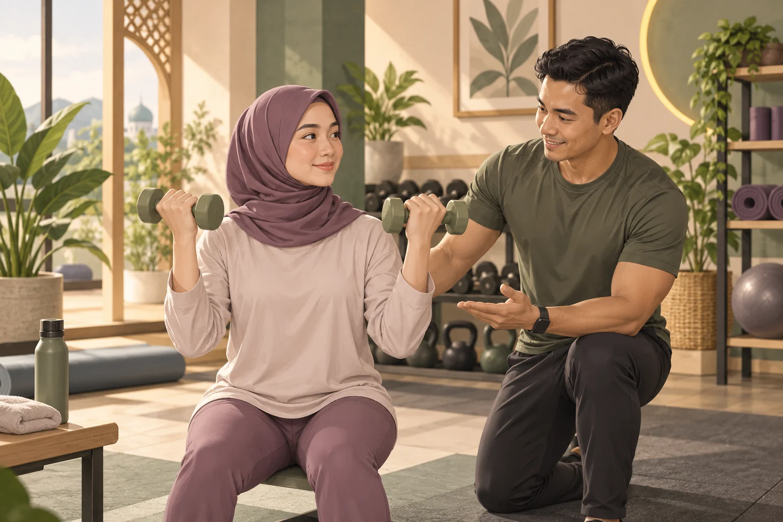 Ilustrasi pemula belajar dumbbell ringan bersama pelatih