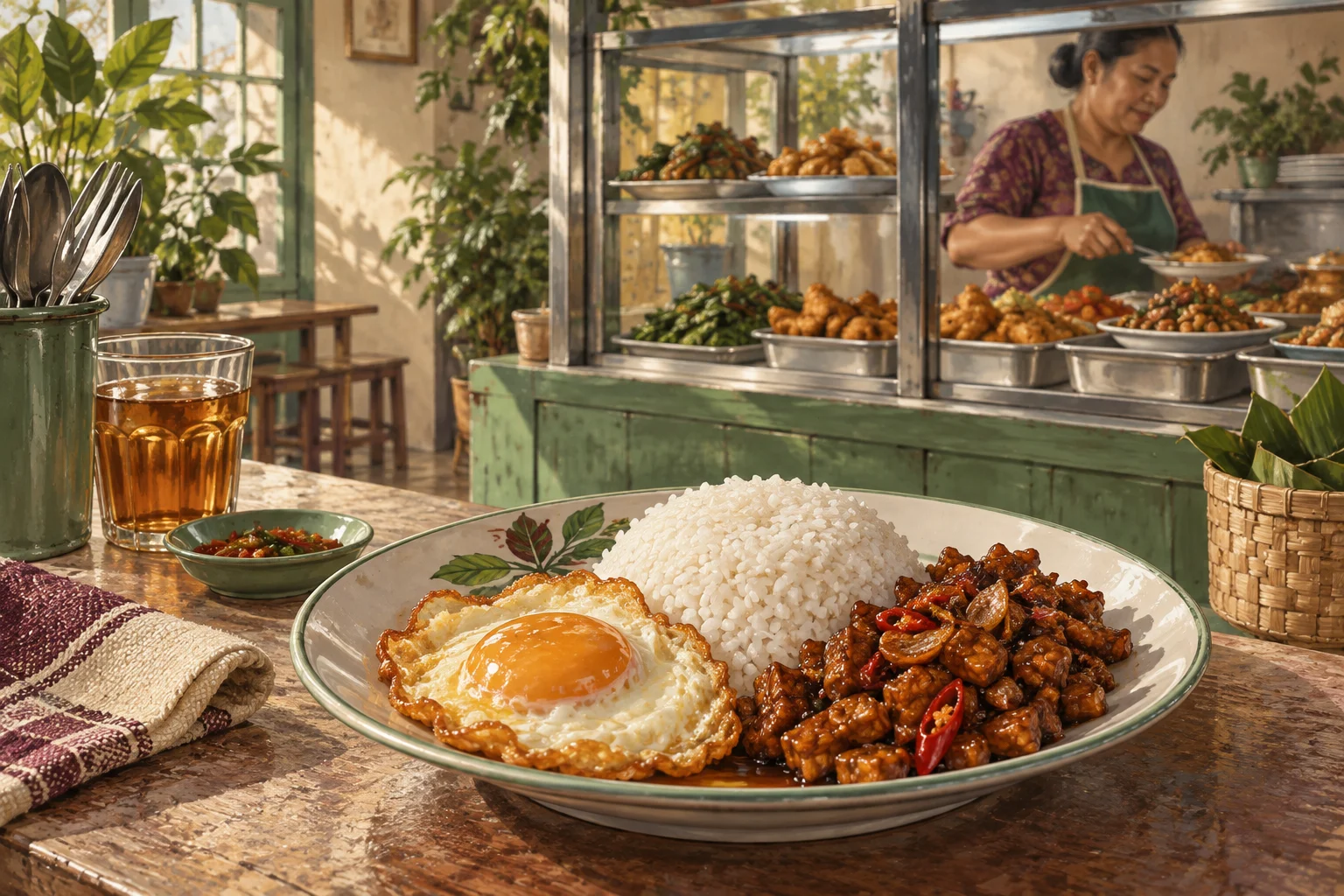 Ilustrasi nasi, telur, dan tempe orek pada piring warteg