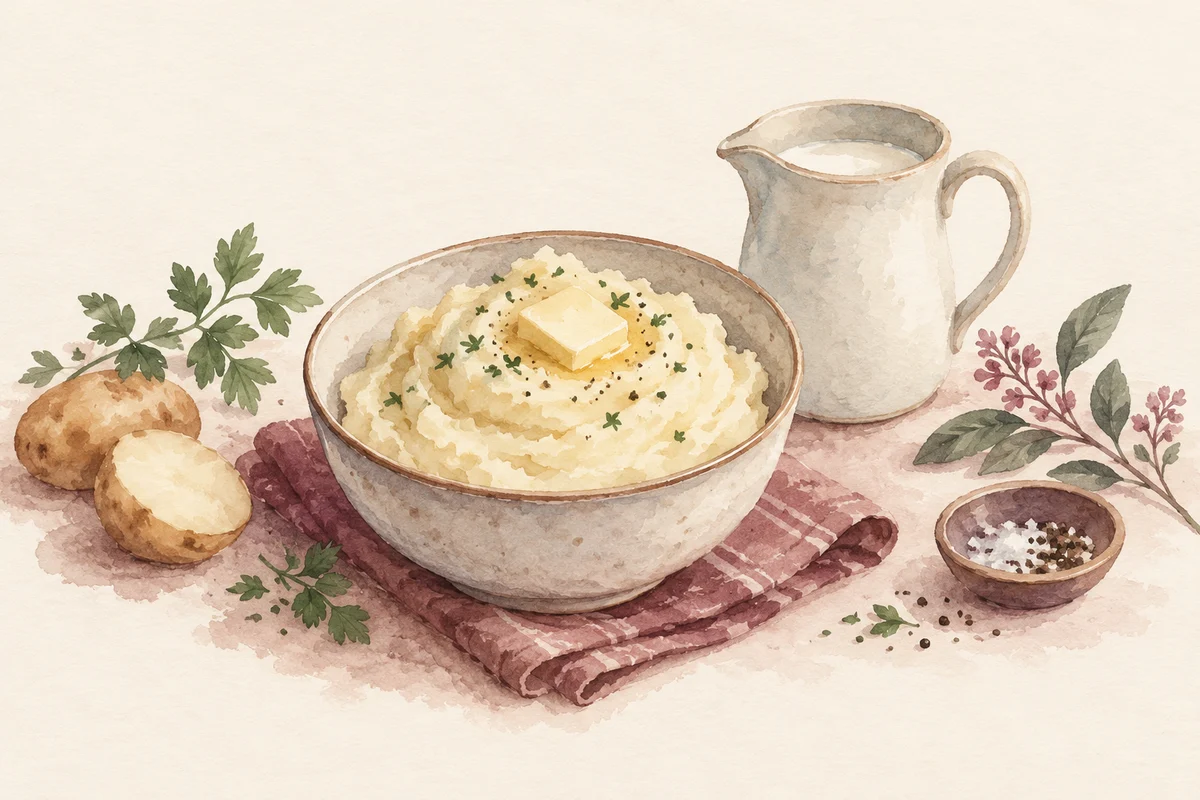 Ilustrasi mashed potato untuk diet dengan nuansa krem, plum, dan sage