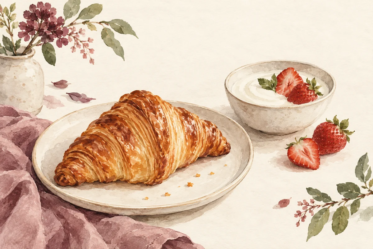 Ilustrasi croissant untuk sarapan dengan nuansa krem, plum, dan sage