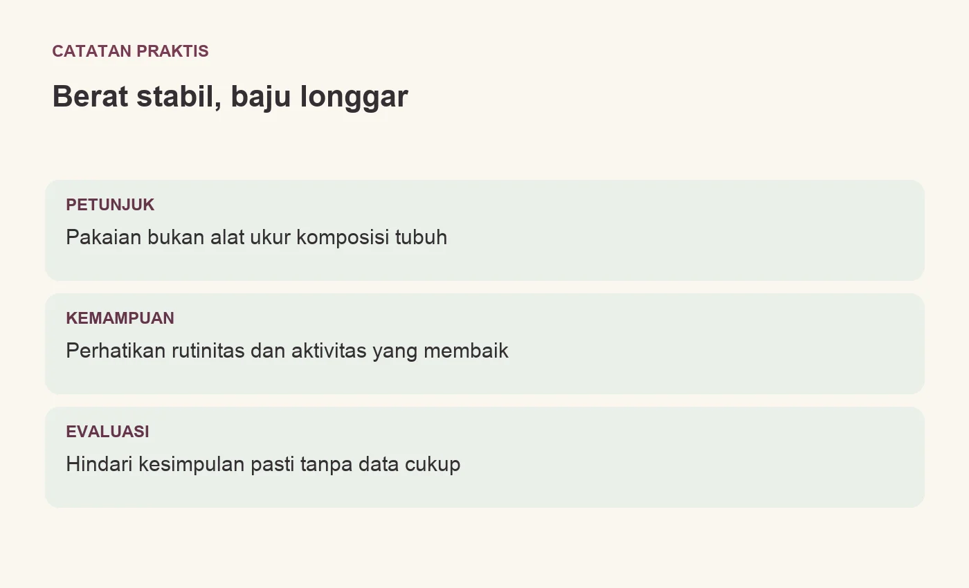Berat stabil, baju longgar. PETUNJUK: Pakaian bukan alat ukur komposisi tubuh. KEMAMPUAN: Perhatikan rutinitas dan aktivitas yang membaik. EVALUASI: Hindari kesimpulan pasti tanpa data cukup