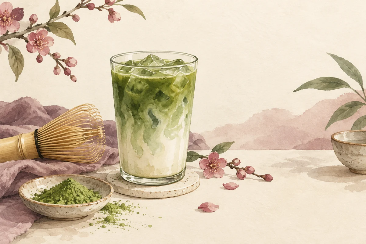 Ilustrasi matcha latte tanpa gula dengan nuansa krem, plum, dan sage