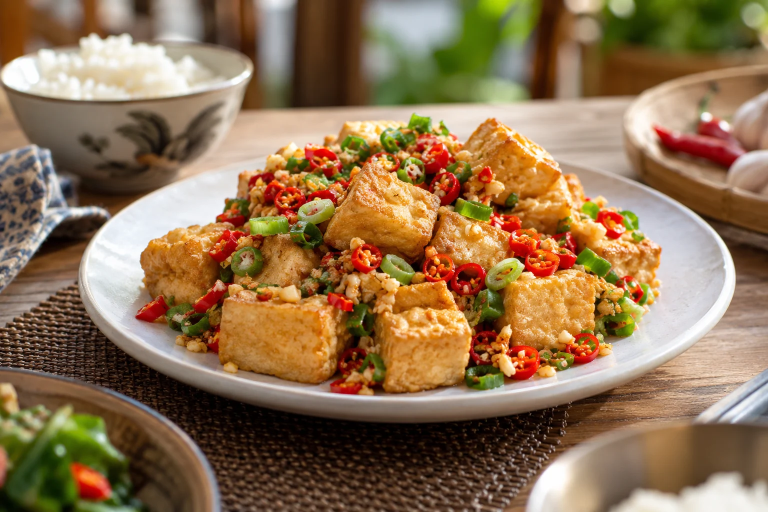 Tahu cabe garam dengan bawang putih, cabai merah, dan daun bawang