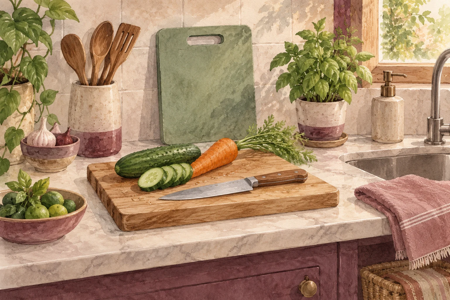 Ilustrasi watercolor talenan kayu dan plastik yang terpisah di dapur bersih