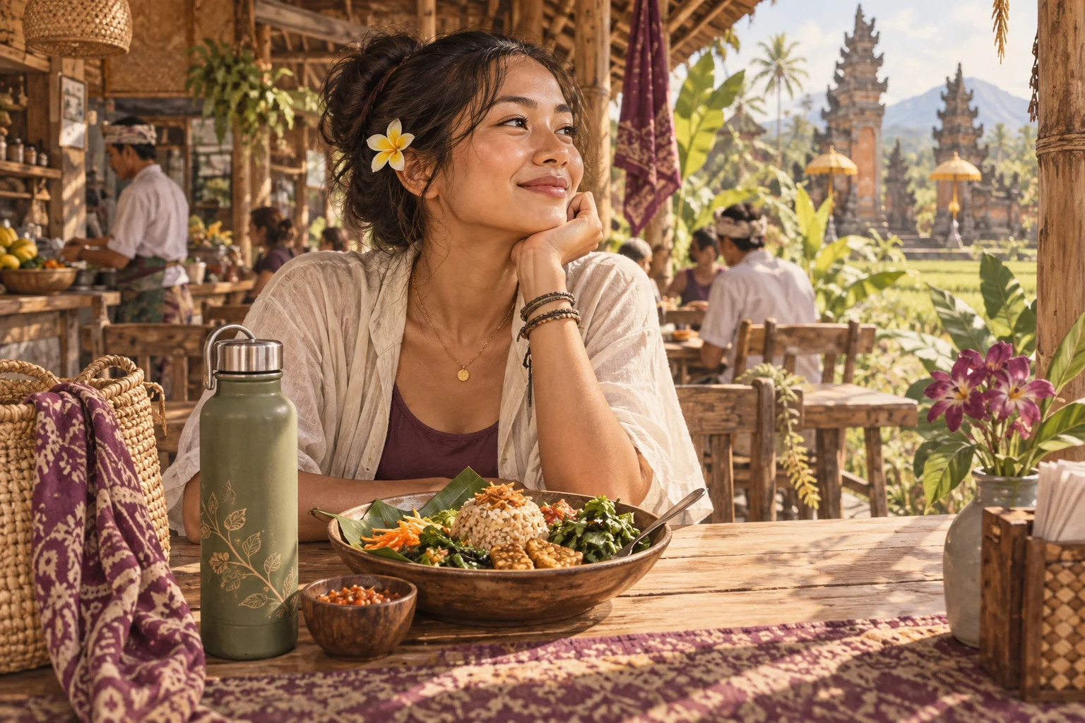 Ilustrasi pelancong menikmati makanan lokal di warung Bali
