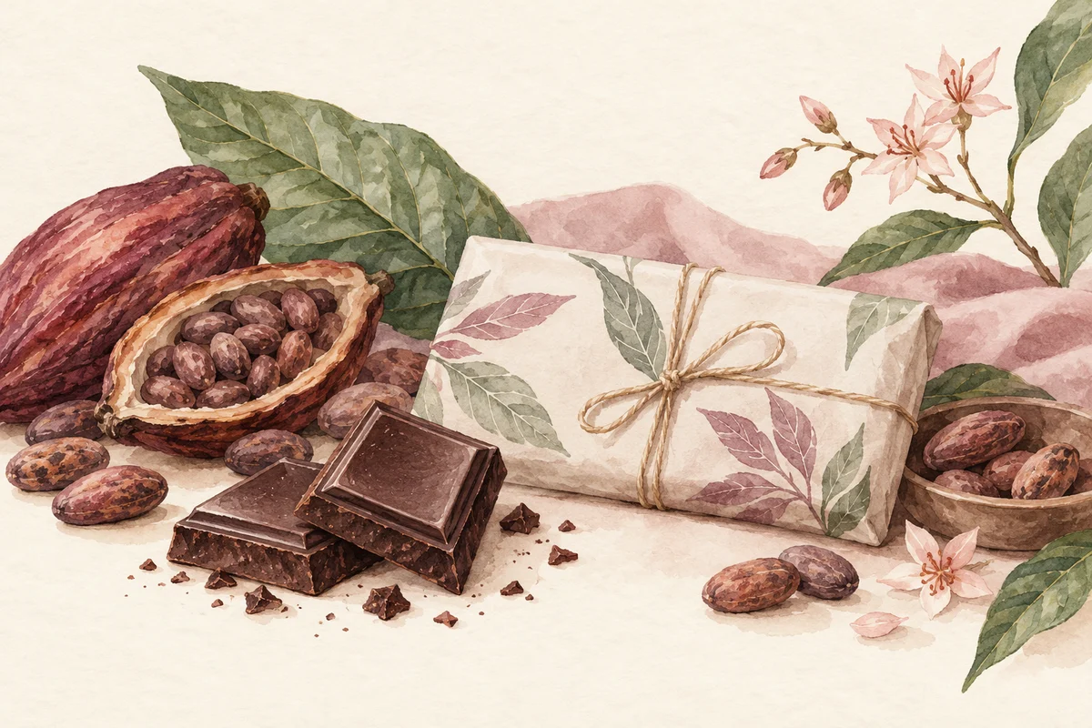 Ilustrasi dua potong dark chocolate dengan biji kakao dan kemasan polos.