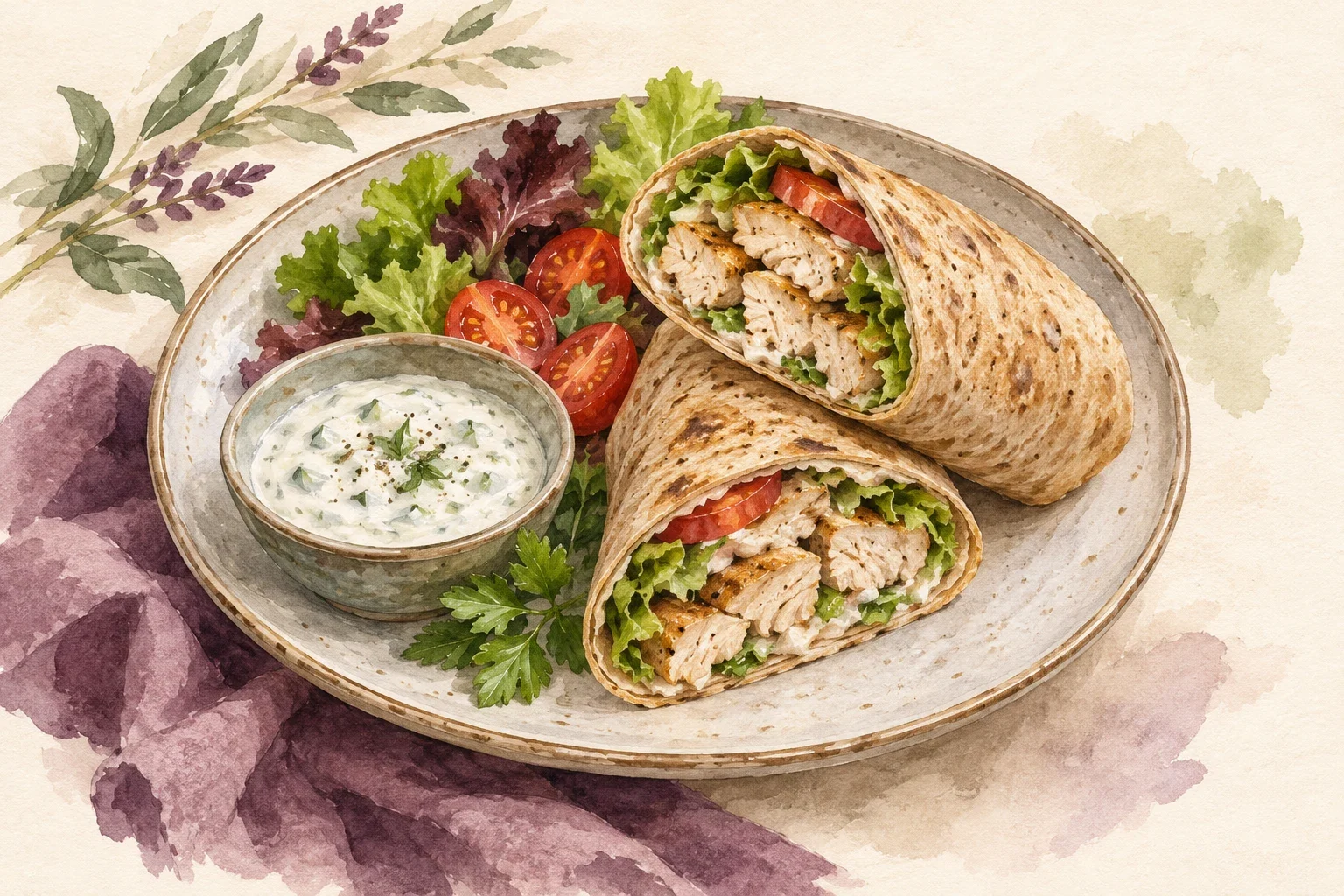 Ilustrasi watercolor salad wrap ayam untuk diet, saus yoghurt tidak bikin becek