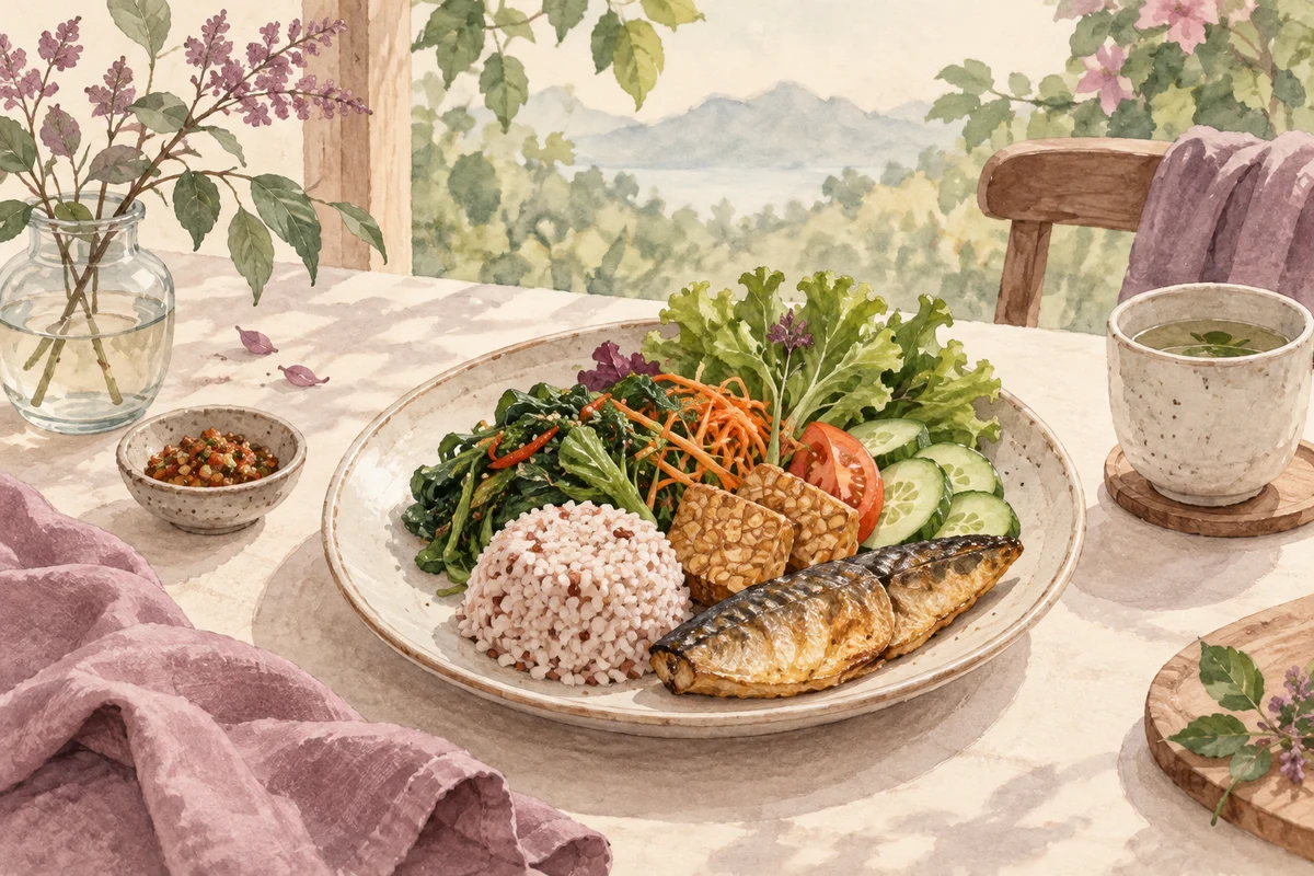 Ilustrasi porsi nasi kecil dengan ikan, tempe, dan sayuran yang beragam.