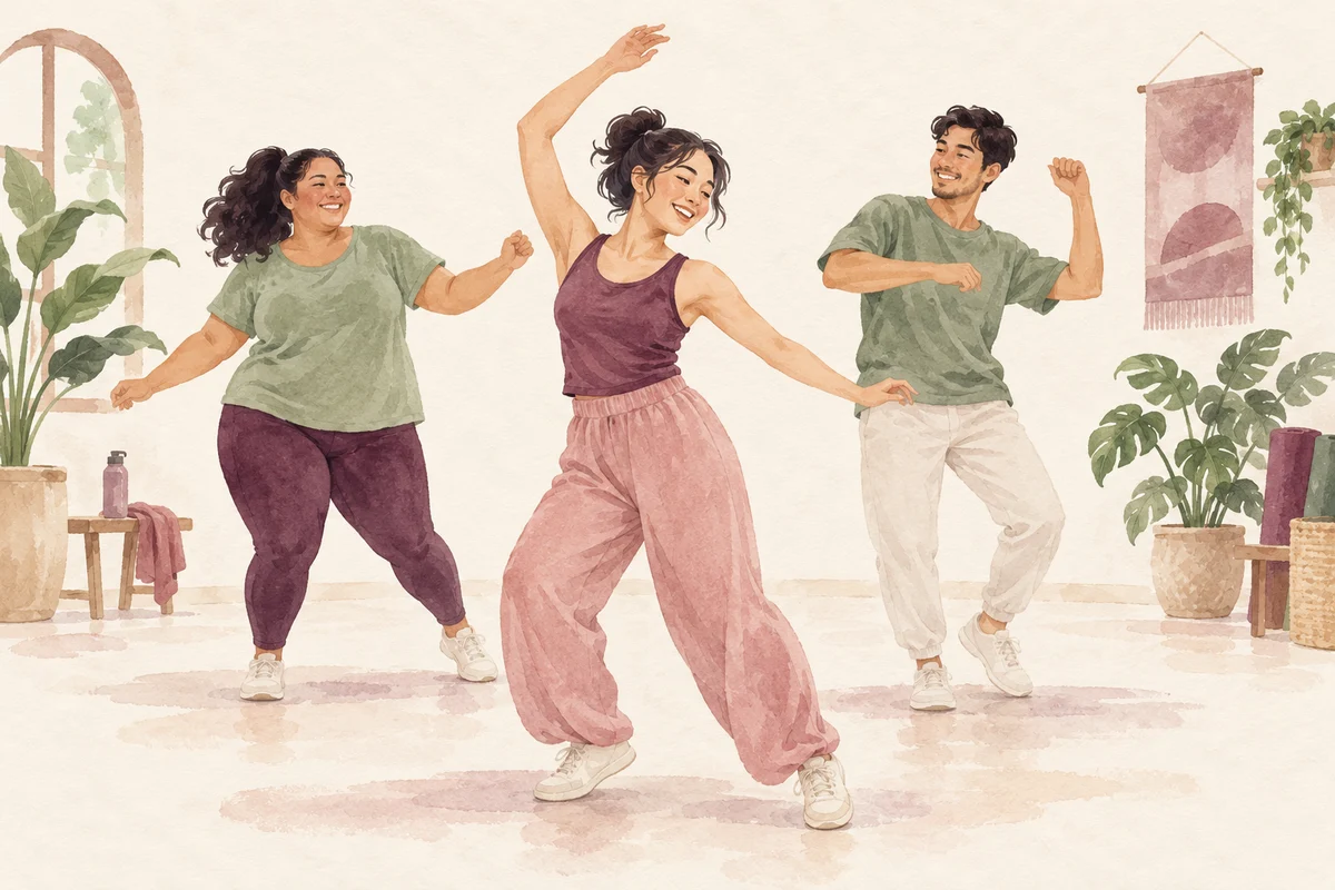 Ilustrasi kelas dance cardio untuk pemula dengan nuansa krem, plum, dan sage