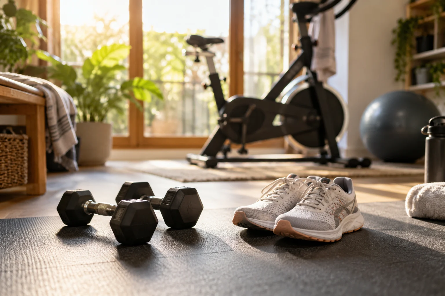 Dumbbell dan sepatu olahraga dengan sepeda statis di latar belakang