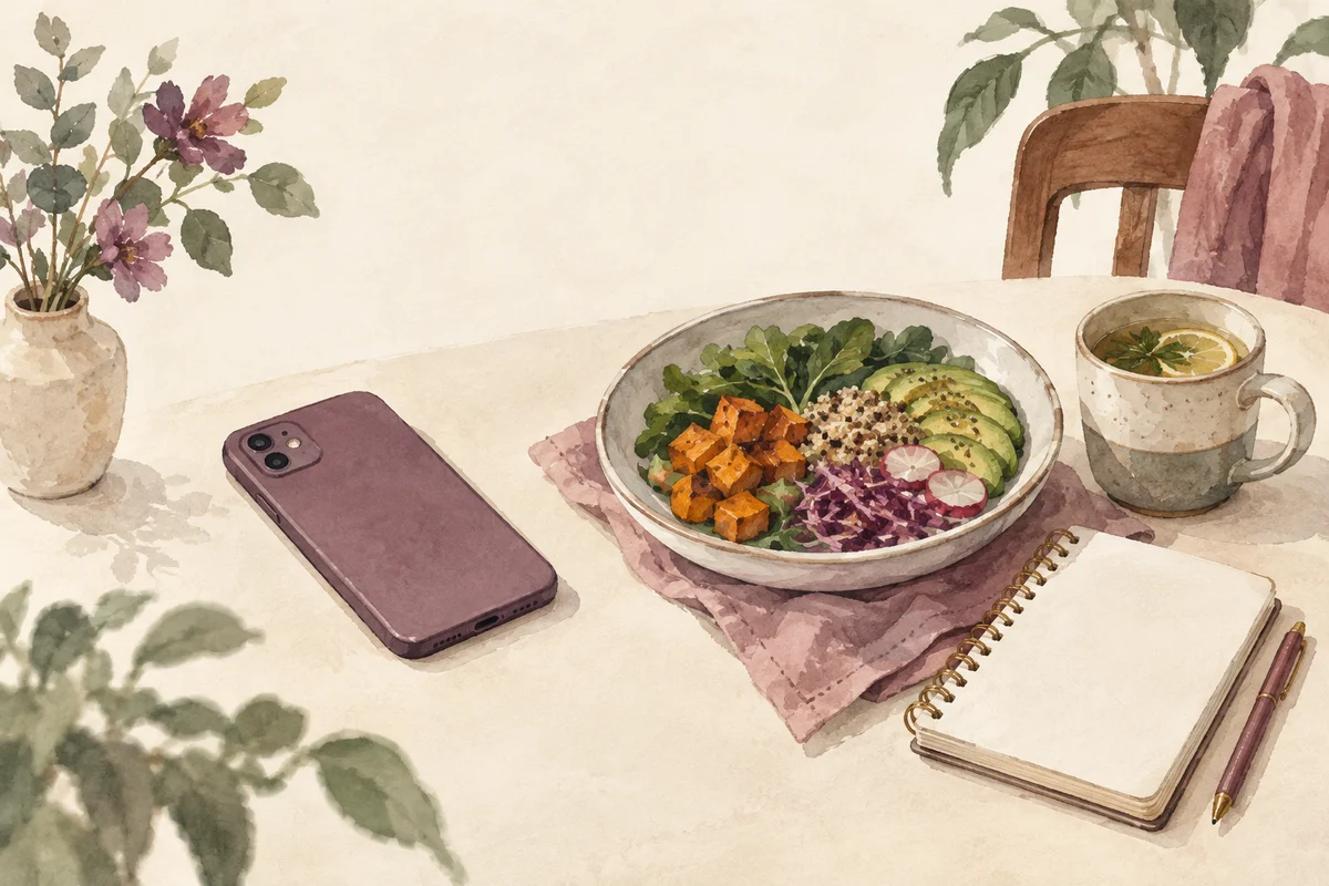 Ilustrasi makan sambil kerja dengan nuansa krem, plum, dan sage