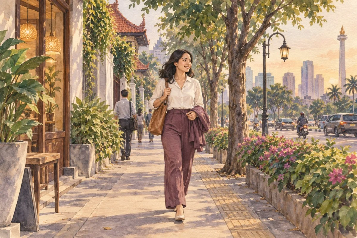 Ilustrasi orang berjalan kaki di rute lingkungan sepulang kerja