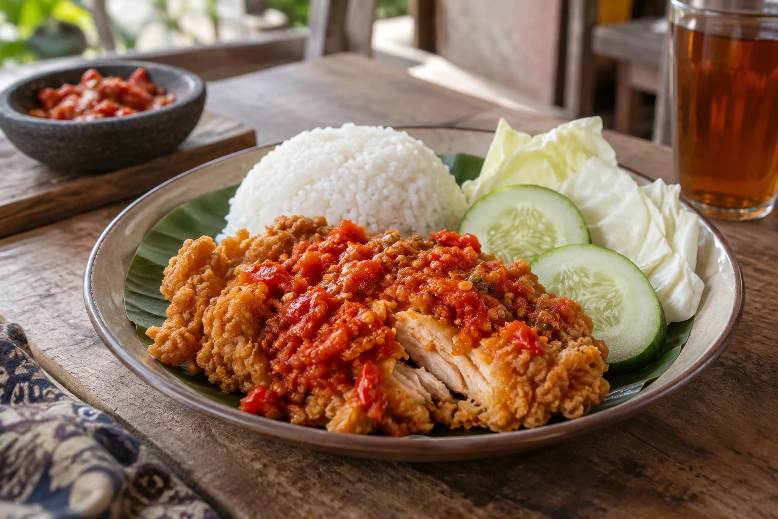 Ayam geprek bersambal merah disajikan dengan nasi dan lalapan