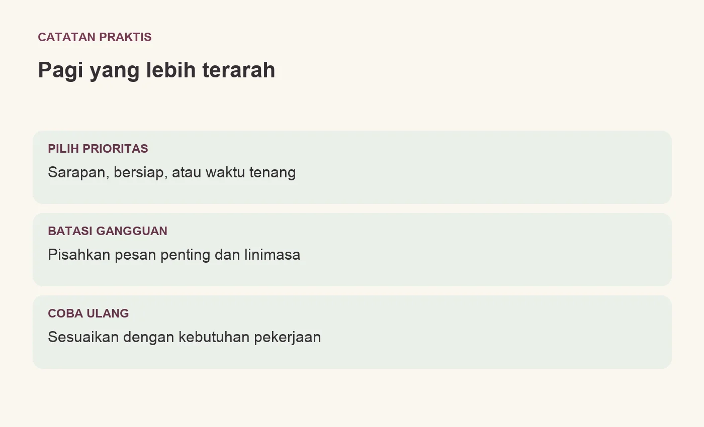 Pagi yang lebih terarah. PILIH PRIORITAS: Sarapan, bersiap, atau waktu tenang. BATASI GANGGUAN: Pisahkan pesan penting dan linimasa. COBA ULANG: Sesuaikan dengan kebutuhan pekerjaan