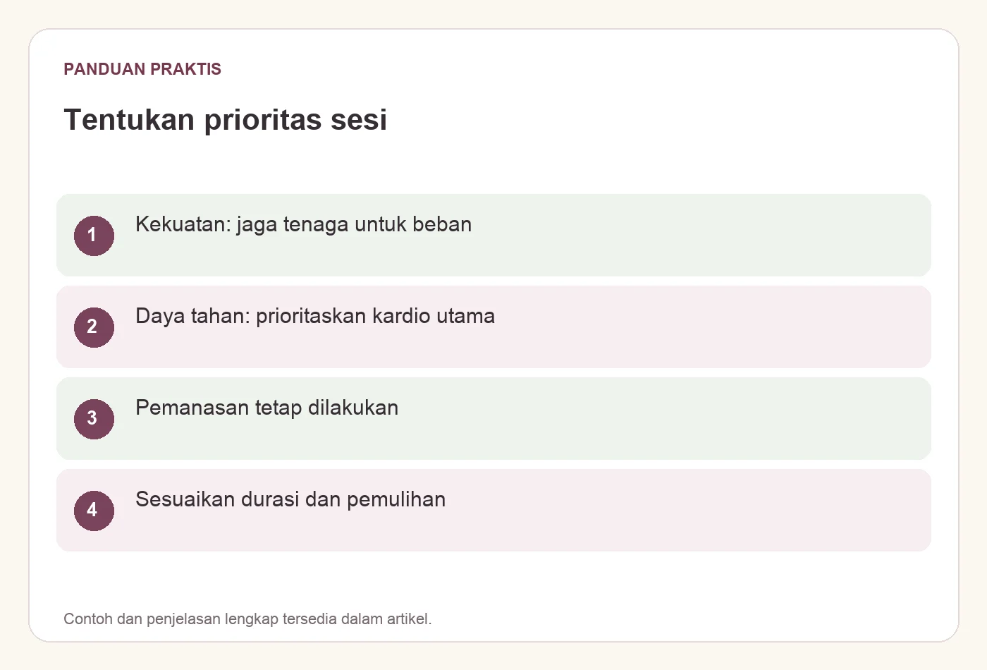 Tentukan prioritas sesi. Kekuatan: jaga tenaga untuk beban. Daya tahan: prioritaskan kardio utama. Pemanasan tetap dilakukan. Sesuaikan durasi dan pemulihan