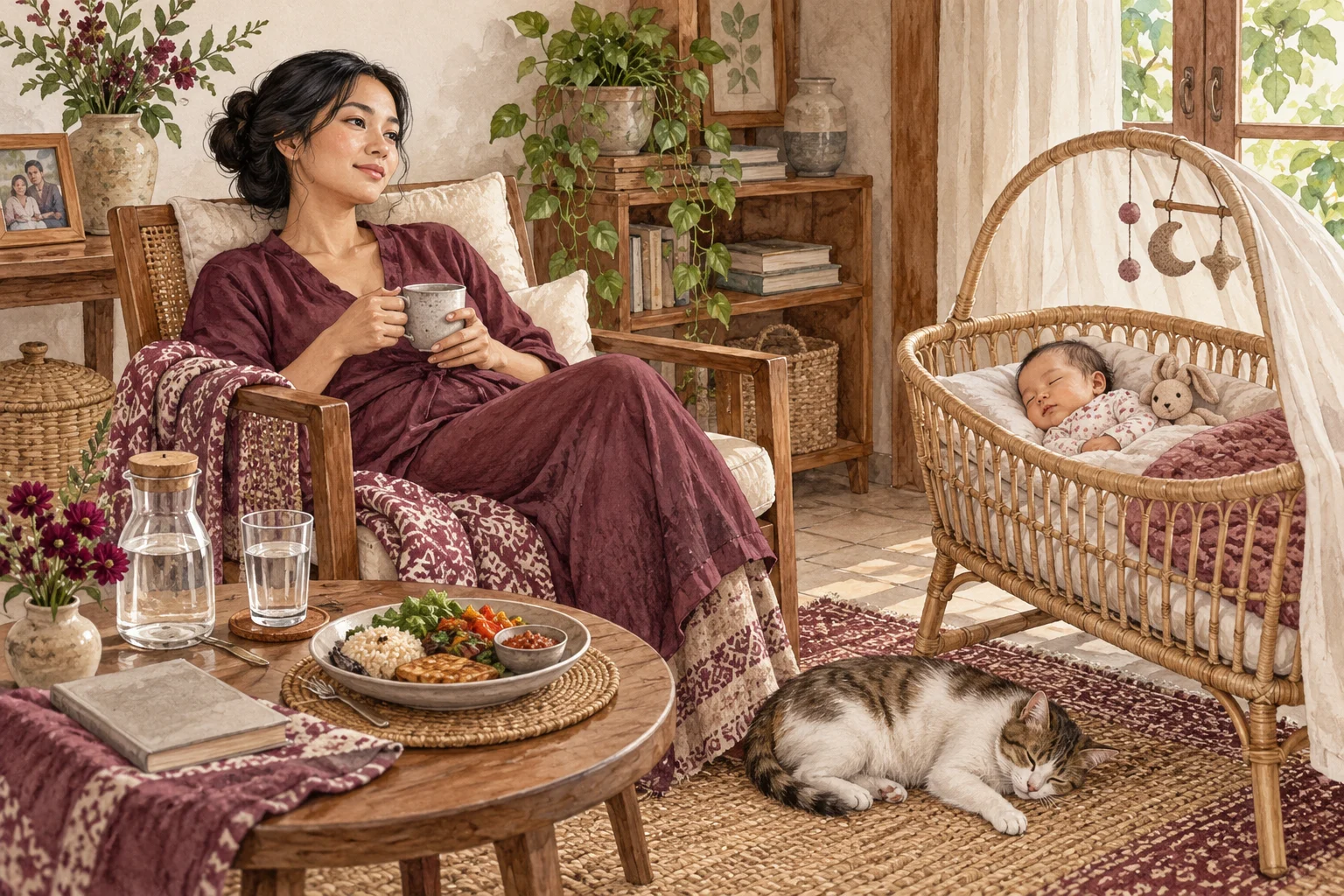 Ilustrasi watercolor: Ibu dengan hidangan bergizi dan suasana pengasuhan bayi