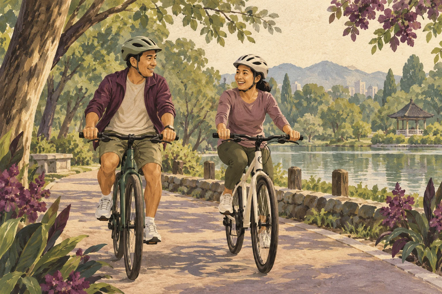 Ilustrasi pasangan bersepeda santai memakai helm di taman
