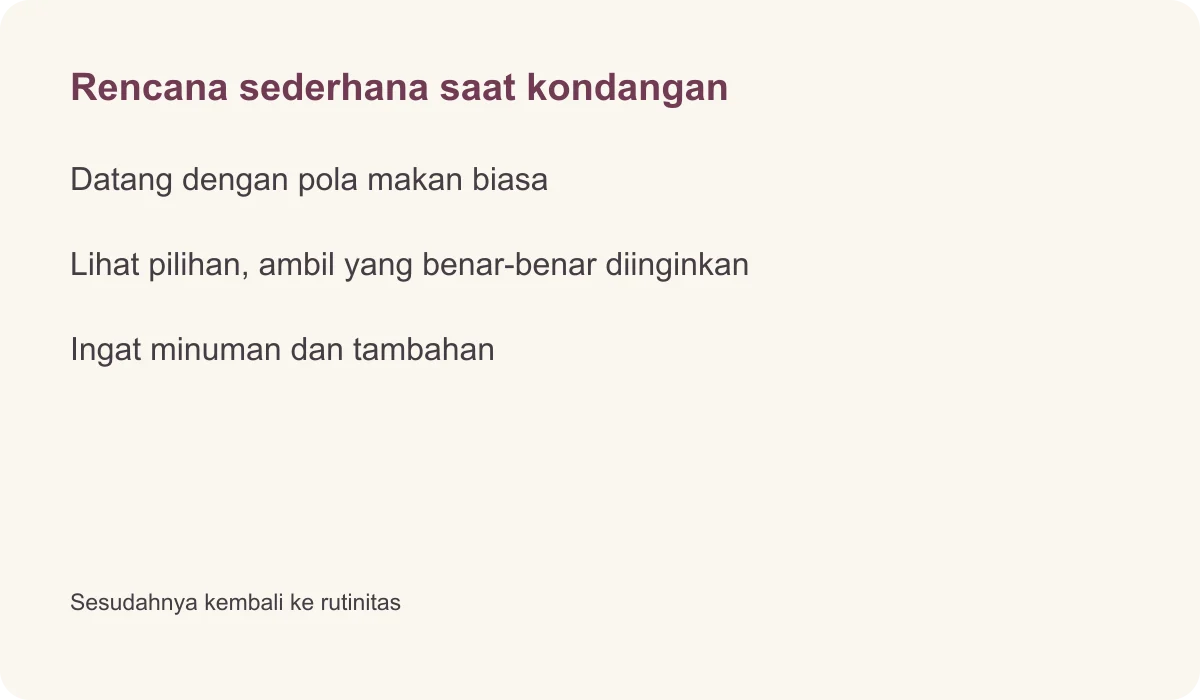 Rencana sederhana saat kondangan · Datang dengan pola makan biasa · Lihat pilihan, ambil yang benar-benar diinginkan · Ingat minuman dan tambahan · Sesudahnya kembali ke rutinitas
