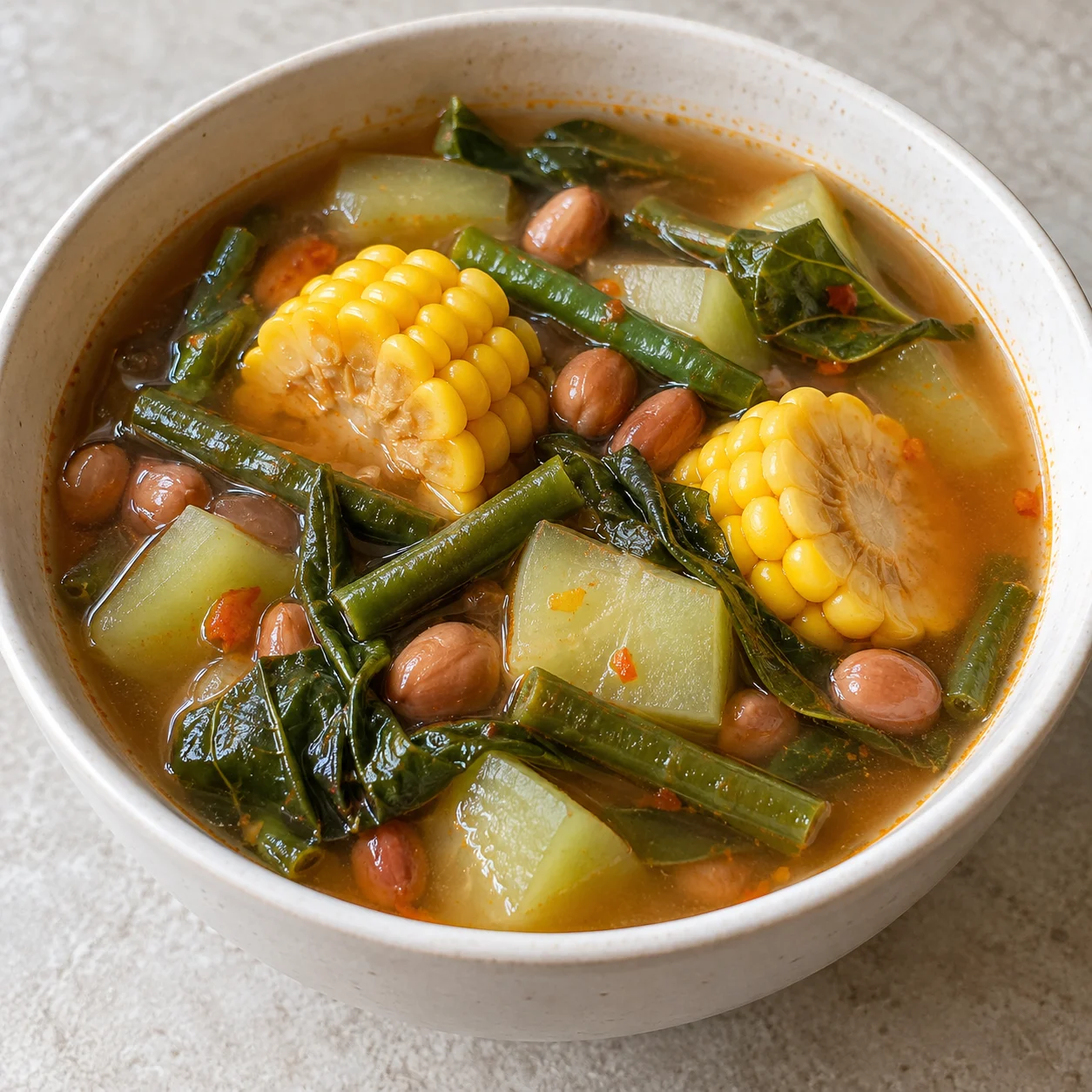 Ilustrasi AI realistis sayur asem dengan jagung, kacang, dan sayuran