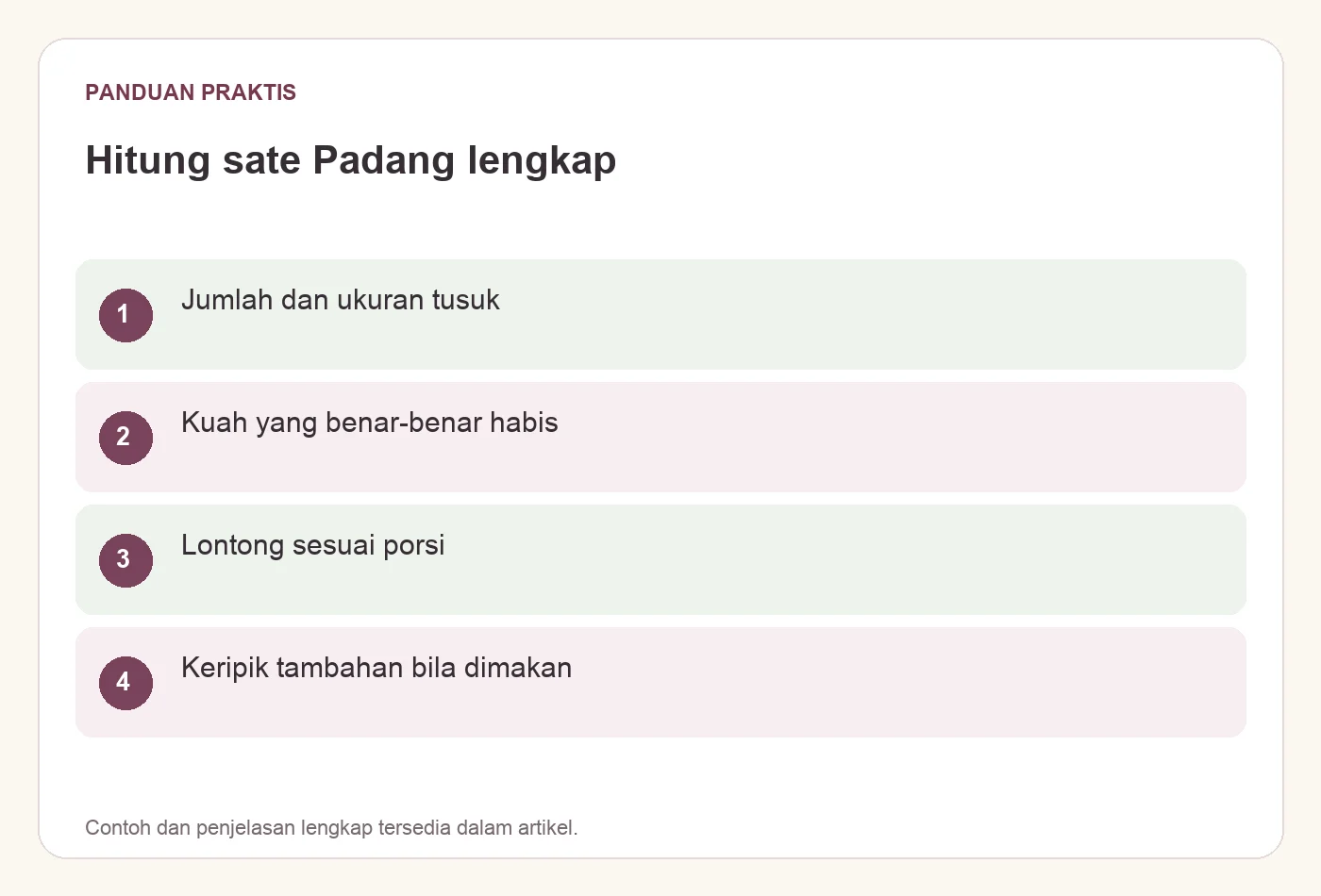 Hitung sate Padang lengkap. Jumlah dan ukuran tusuk. Kuah yang benar-benar habis. Lontong sesuai porsi. Keripik tambahan bila dimakan