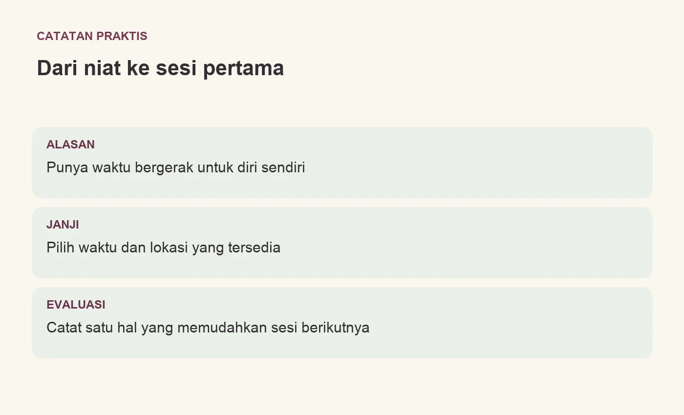 Mulai lari dari alasan personal, pilih langkah awal yang realistis, lalu tinjau pengalaman latihan.