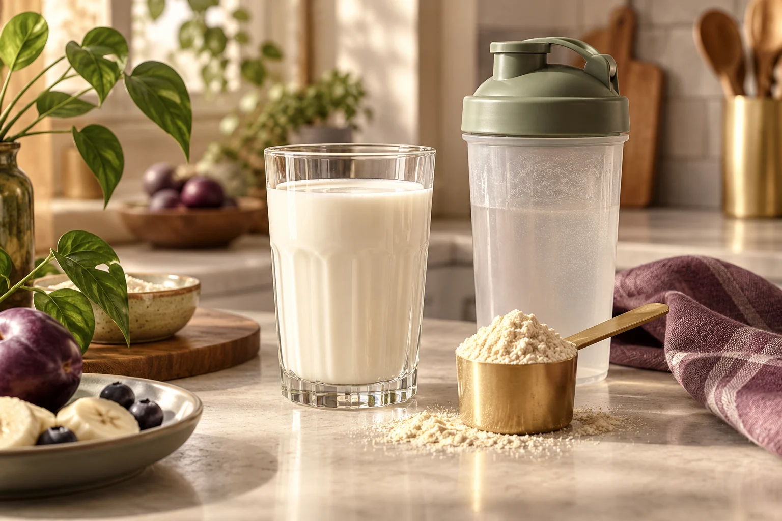 Ilustrasi susu tawar, bubuk whey, dan shaker di dapur